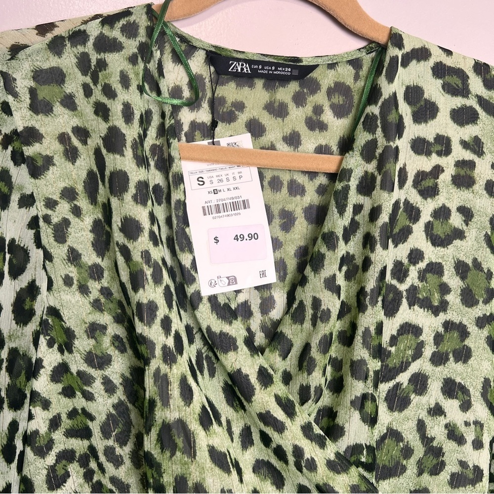 Zara Olive/Black Animal Print Long Sleeve Dress NWT Size Small - Picture 2 of 7